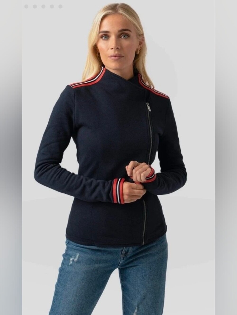 Saint + Sofia 100% Organic Cotton Biker Jacket in Navy Red Stripe